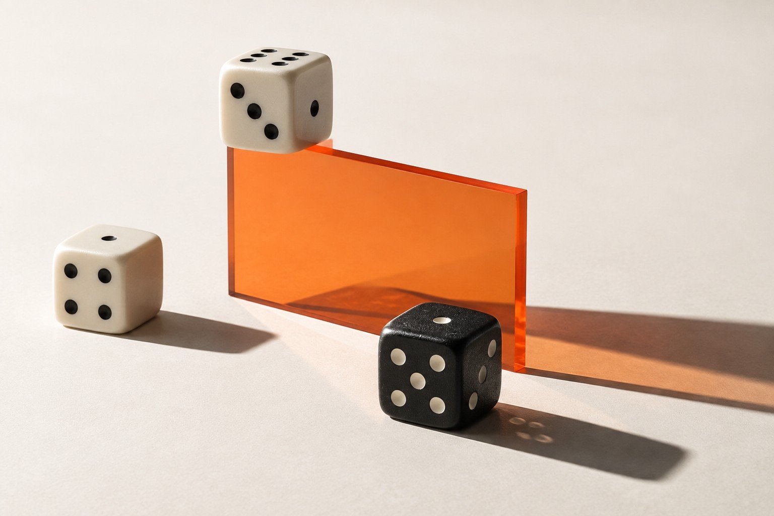Ivory and charcoal dice beside a translucent orange panel.