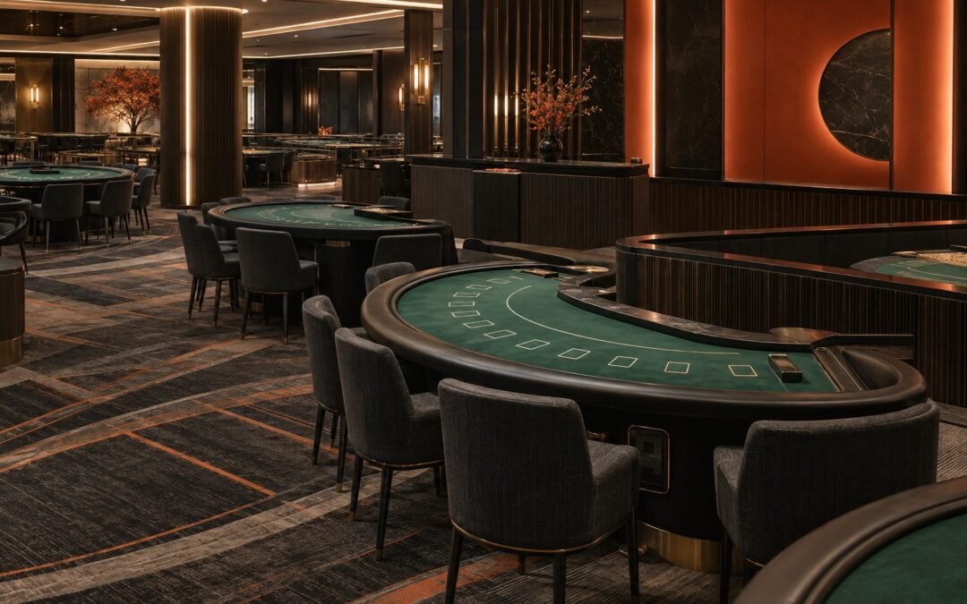Illustration of an empty casino interior with green tables and orange architectural accents.