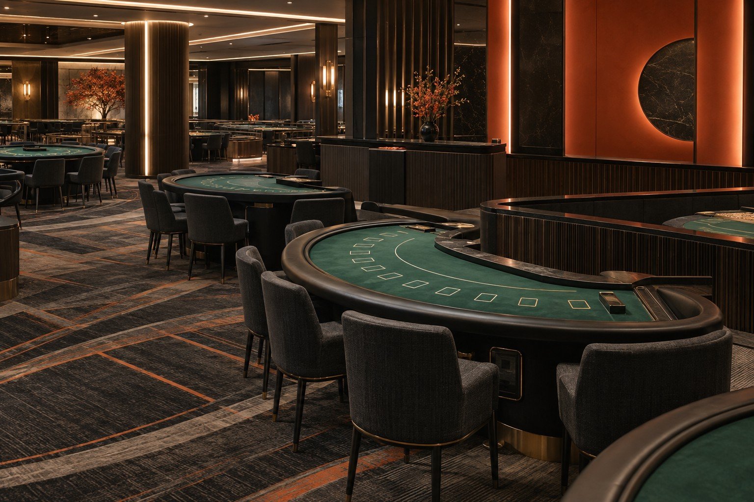 Illustration of an empty casino interior with green tables and orange architectural accents.